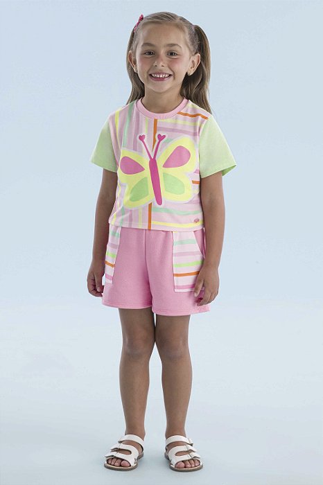 CONJUNTO BLUSA COM ESTAMPA BORBOLETA E SHORT COLORIDOS MON SUCRÉ
