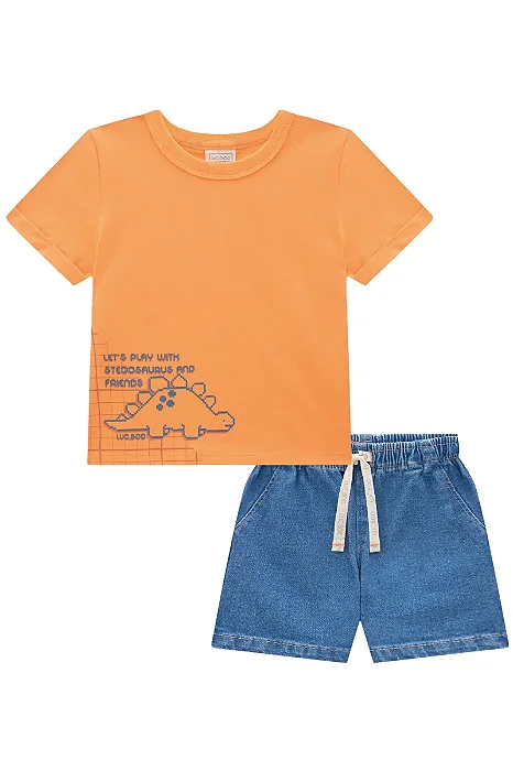 CONJUNTO CAMISETA MANGA CURTA ESTAMPADA E BERMUDA JEANS LUC.BOO