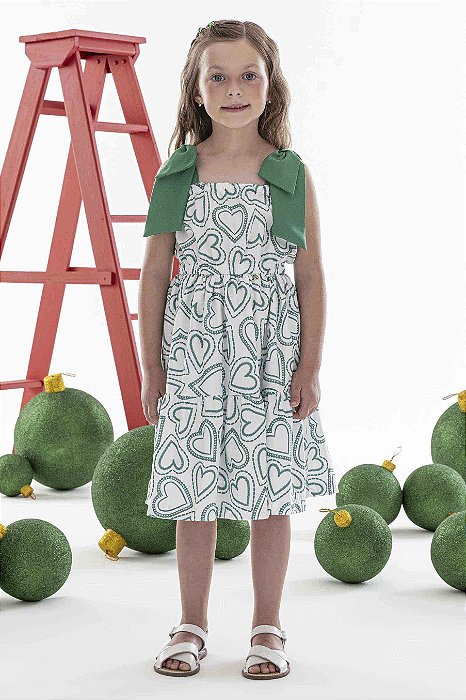 VESTIDO ESTAMPA CORAÇÕES COM LAÇOS NOS OMBROS MON SUCRÉ
