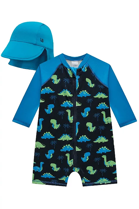 KIT PRAIA MACACÃO MANGA LONGA COM PROTEÇÃO UV E CHAPÉU LUC.BOO