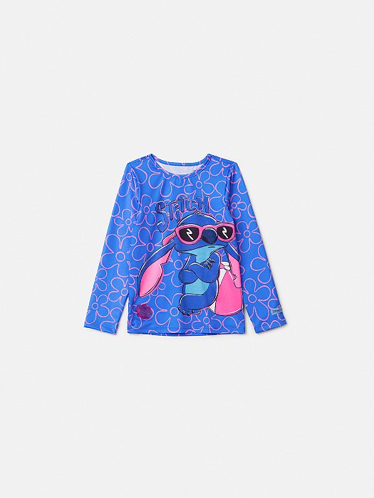 BLUSA MANGA LONGA STITCH COM FLORES E PROTEÇÃO UV ANIMÊ