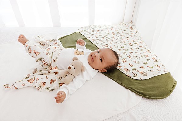 CONJUNTO BODY MANGA LONGA COM CALÇA MIJÃO DE PÉ REVERSÍVEL TEMA BOSQUE MINI BEAR