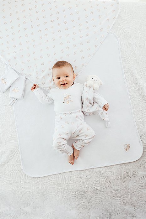 CONJUNTO BODY MANGA LONGA COM CALÇA MIJÃO DE PÉ REVERSÍVEL TEMA OVELHINHA MINI BEAR