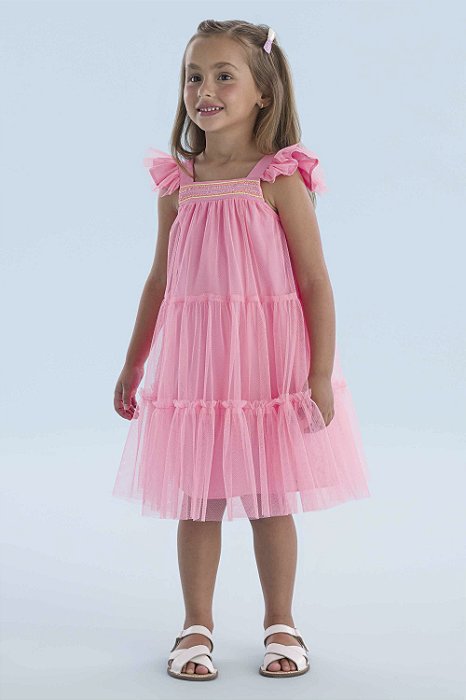 VESTIDO EM TULE FORRADO COM DETALHES EM PAETÊ ROSA NEON MON SUCRÉ