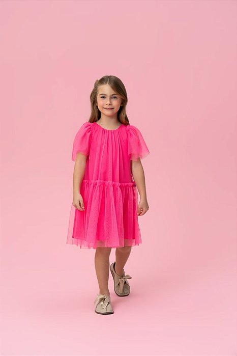 VESTIDO EM TULE FORRADO AZUL COM BORDADO E ROSA ESCURO MON SUCRÉ