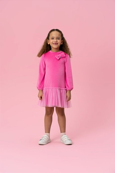 VESTIDO MANGA LONGA DE PLUSH COM BARRA EM TULE ROSA ESCURO MON SUCRÉ