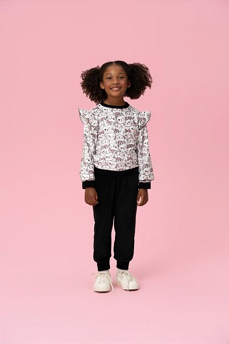 CONJUNTO EM MOLETOM PLUSH ESTAMPA GATINHA MON SUCRÉ