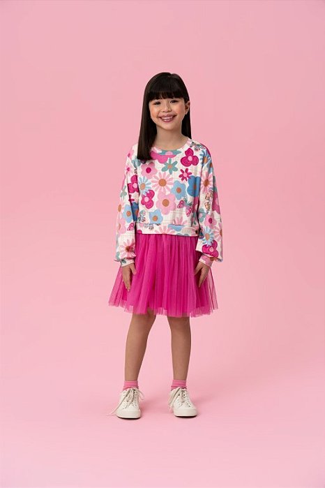VESTIDO MANGA LONGA DE PLUSH COM BARRA EM TULE ESTAMPA FLORAL MON SUCRÉ