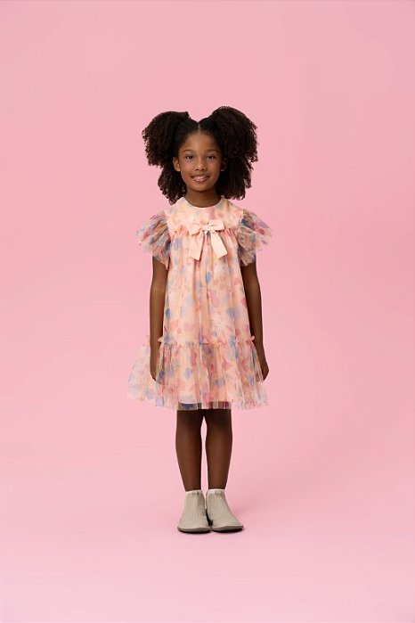VESTIDO EM TULE FORRADO COM ESTAMPA DE COELHINHO E FLORAL MON SUCRÉ