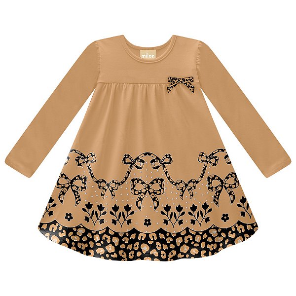 Vestido Infantil Manga Longa Animal Print na barra Milon