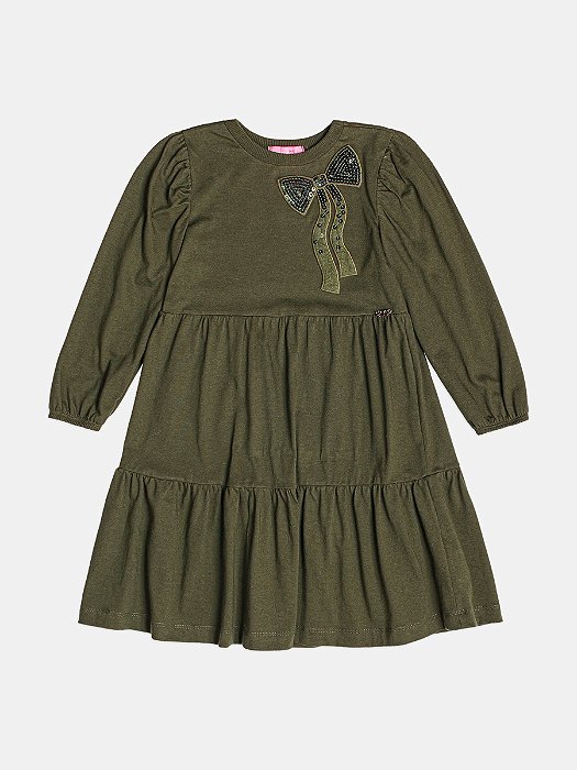 Vestido Infantil Verde Militar Manga Longa