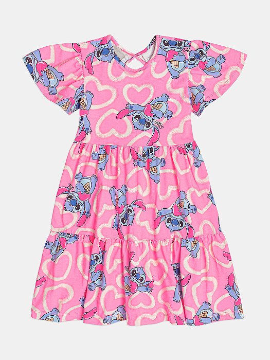Vestido Infantil Momi Stitch Rosa com Babados