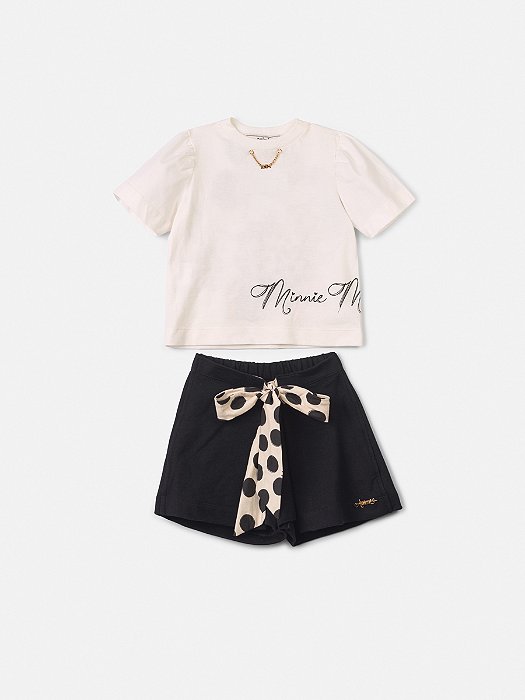 Conjunto Infantil Minnie Blusa Off White e Short Saia