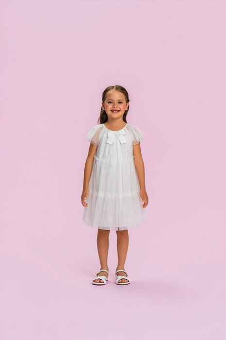 Vestido Infantil Mon Sucré Branco Tule e Laço