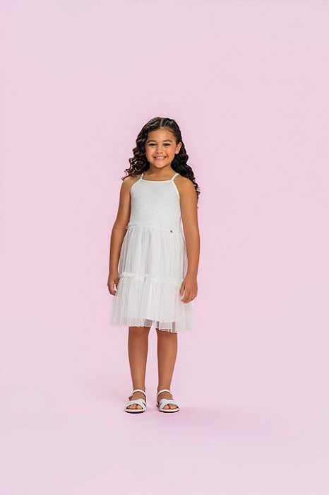 Vestido Infantil Branco Tule em Camadas
