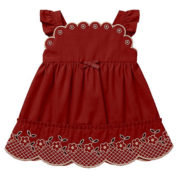 Vestido Bebê Vermelho Bordado com Calcinha