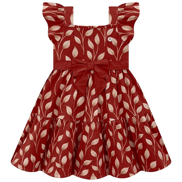Vestido Infantil Vermelho Floral com Laço e Babados