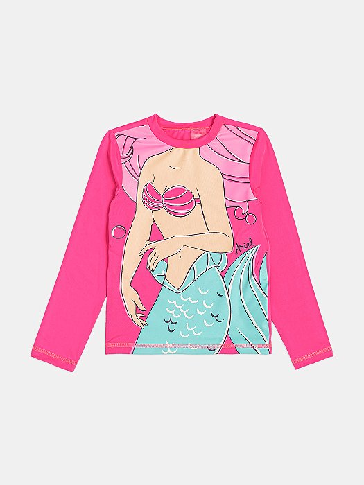 Blusa Infantil Praia Ariel Rosa Manga Longa