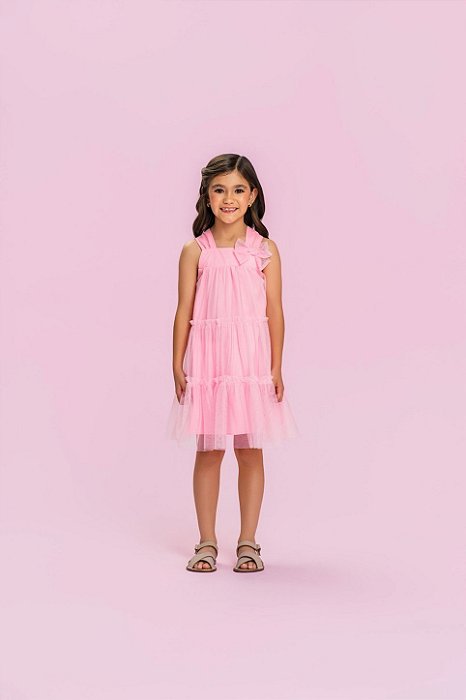 Vestido Infantil Rosa com Babados em Tule