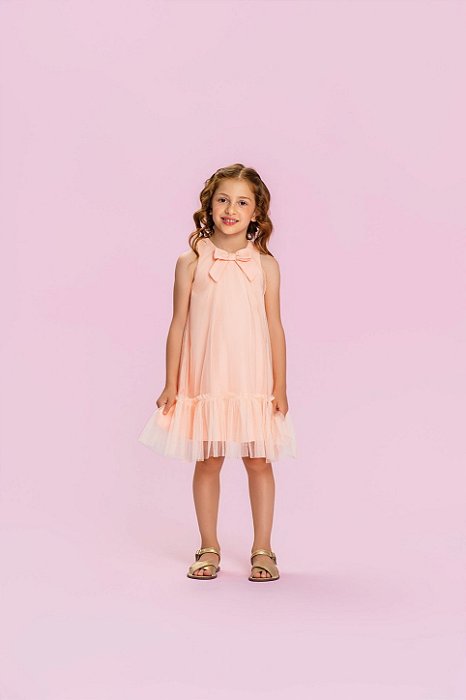 Vestido Infantil Pêssego com Laço e Babado