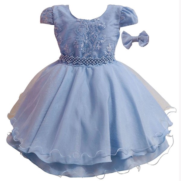 Vestido Infantil Bordado Azul com Cinto em Pérola