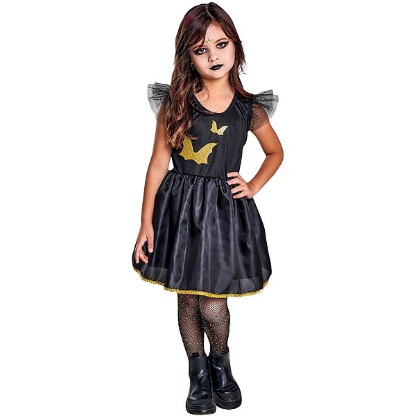 Fantasia Vestido Halloween Morcegos Dourado