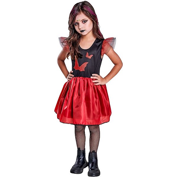Fantasia Vestido Halloween Morcegos Vermelho