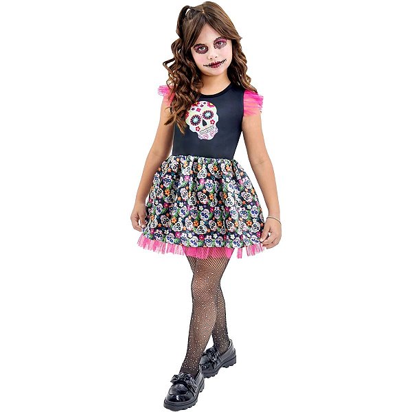 Fantasia Vestido Halloween Caveira Mexicana Festa Cosplay