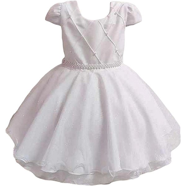 Vestido Infantil Branco Princesa Pérola Saia de Brilho