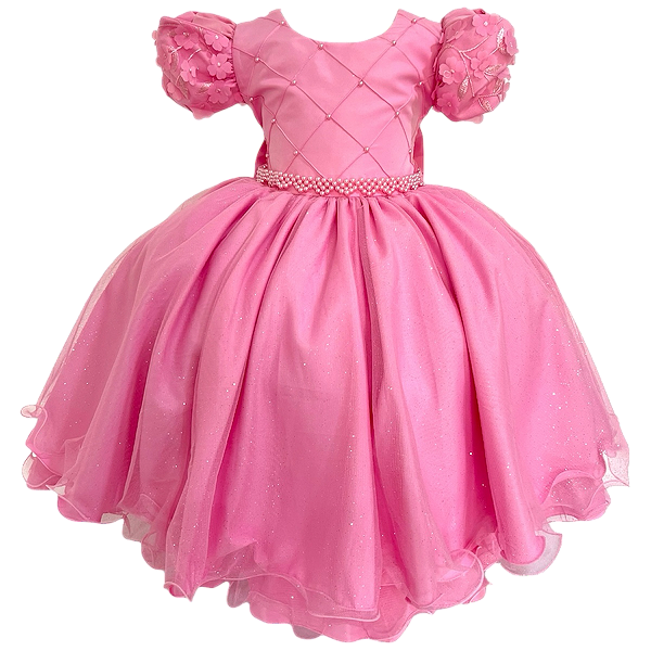 Vestido Rosa Com Aplique de Flores