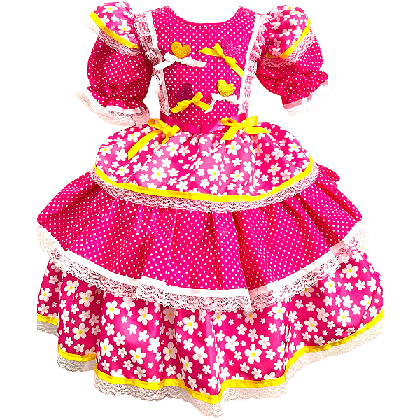 Vestido Junino Infantil Rosa Flor
