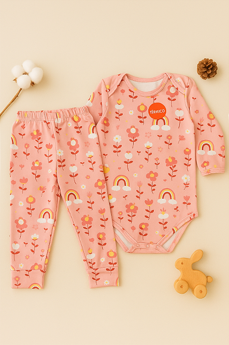 Body e Mijão Bebê Térmico Flores Rosa Macio