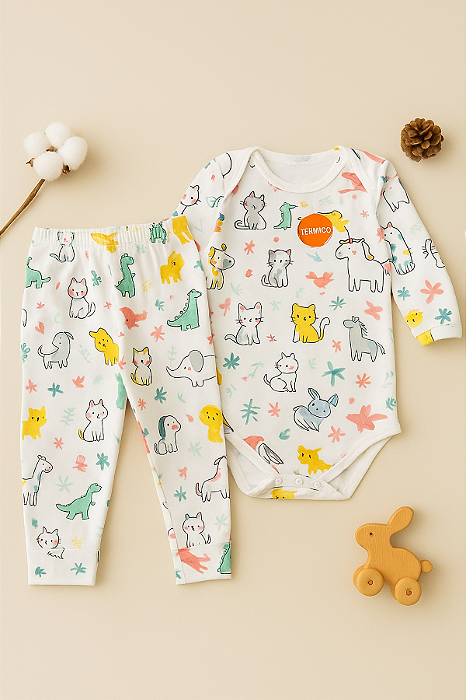 Body e Mijão Bebê Térmico Animais Branco Macio