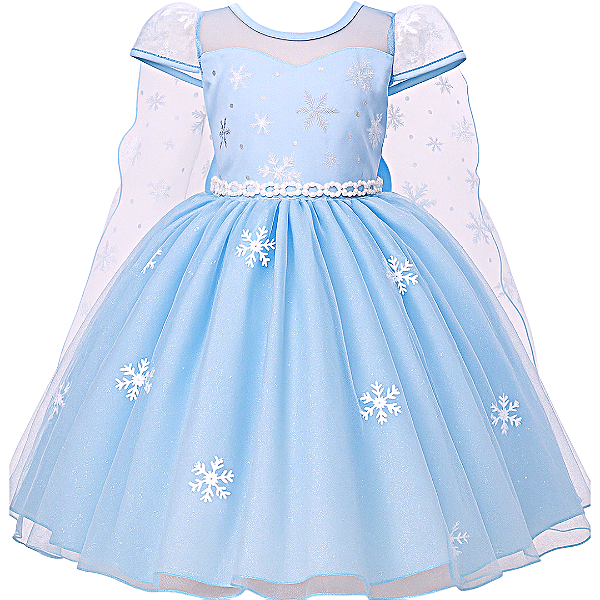 Vestido Infantil Azul Princesa Gelo com Capa