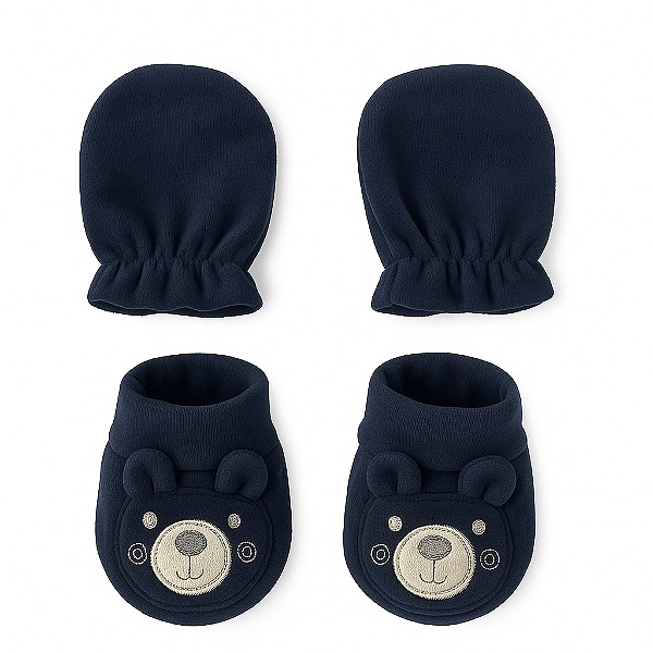 Kit 1 Par de Luvas + 1 Par de Sapatinhos Bebê Azul Marinho