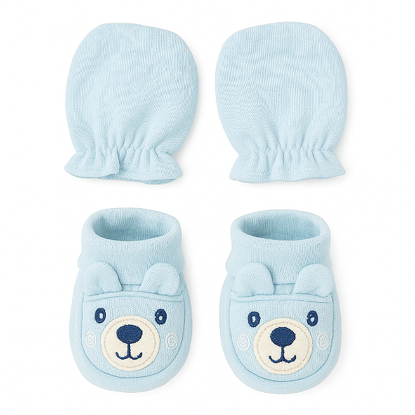 Kit 1 Par de Luvas + 1 Par de Sapatinhos Bebê Azul Claro