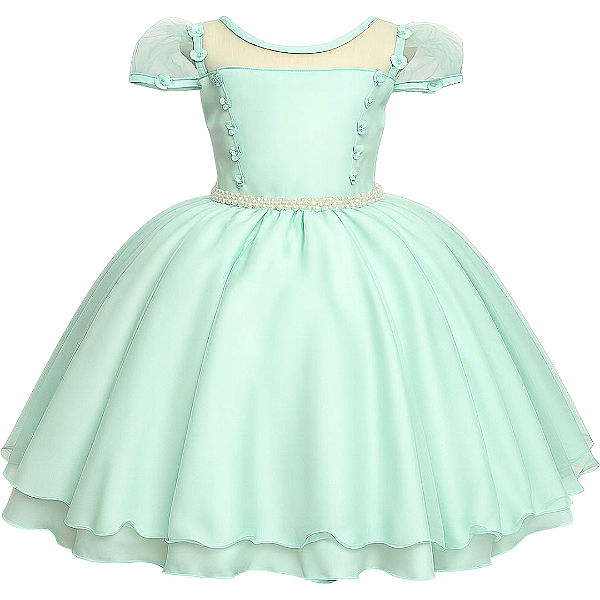 Vestido Infantil Verde Claro com Tule e Cinto de Pérolas