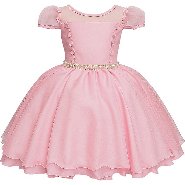 Vestido Infantil Rosa de Festa com Tule e Cinto de Pérolas