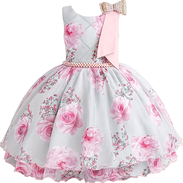 Vestido Infantil Florido Rosa com Tule e Cinto e Laço de Pérolas