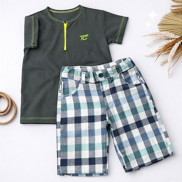 Conjunto Infantil Masculino Camiseta Verde + Bermuda Xadrez