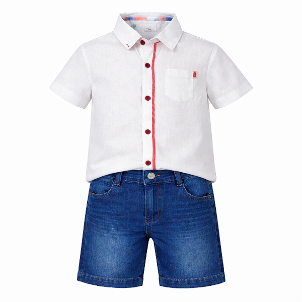 Conjunto Infantil Masculino Camisa Social Bege + Bermuda Jeans