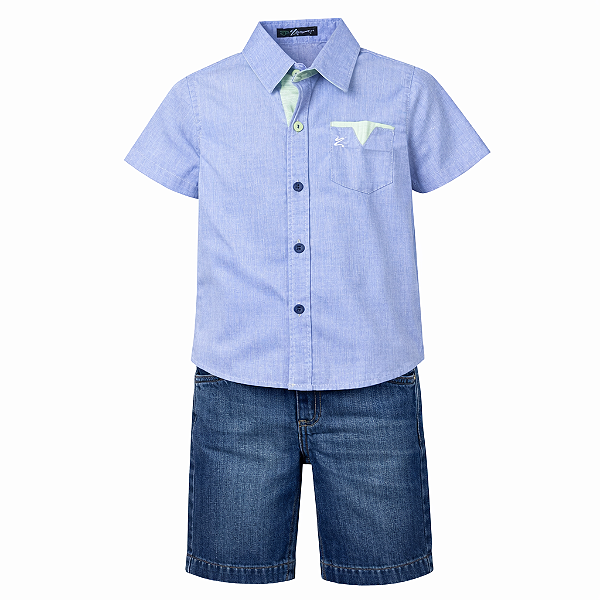 Conjunto Infantil Masculino Camisa Social Azul + Bermuda Jeans