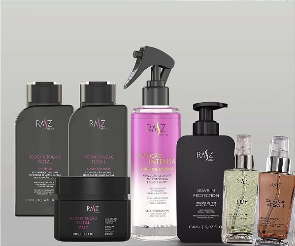 KIT RAIZ ATIVA: RECONSTRUÇÃO/ LEAVE-IN/ BIFÁSICO / SERUM ARGAN / PERFUME LUY