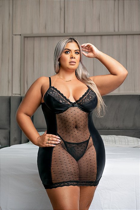 Camisola Plus Size Com Detalhes Em Fita, Renda E Poa