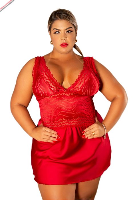 Camisola plus size com renda trabalhada e Cetim Vermelho 4016 Garota Veneno