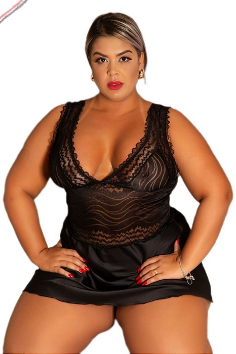 Camisola plus size com renda trabalhada e Cetim Cor Preta 4016 Garota Veneno