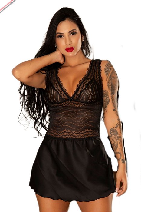 Camisola De Renda Trabalhada E Cetim Preta Garota Veneno
