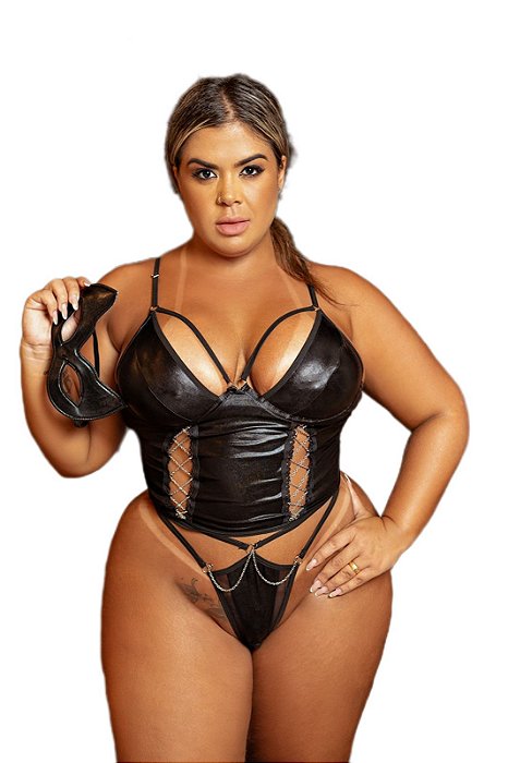 Conjunto Plus Size Gata Mascarada Espartilho Com Perneira E Calcinha