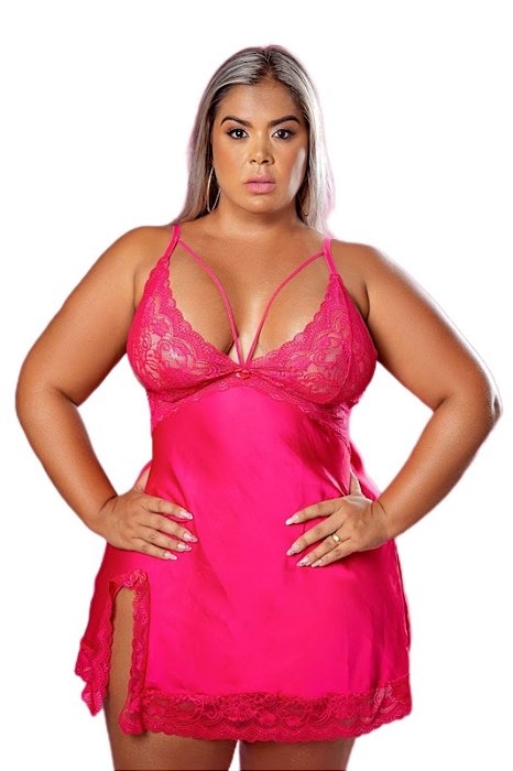 Camisola Plus Size cetim Rosa com detalhes de renda e calcinha forro 100% algodão