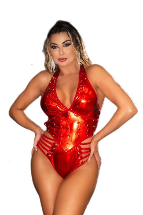 Body sensual feminino Fera do Rock Metalizado Vermelho